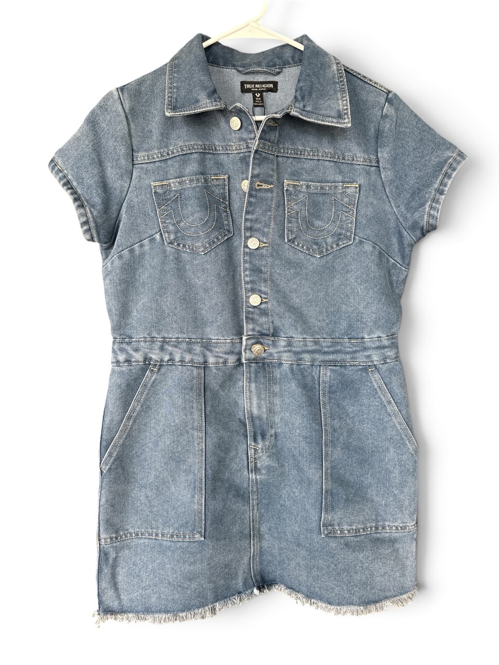 NWT True Religion Medium Denim Short-Sleeve Button-Front Mini Dress - Picture 3 of 8